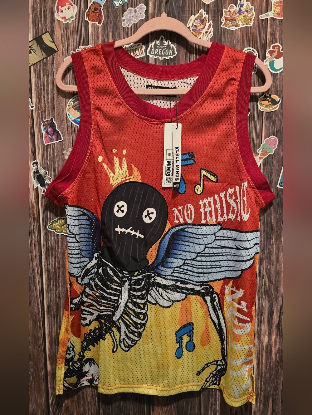 Rebel Minds Red Orange Graphic Tank Top - No Music Skeleton